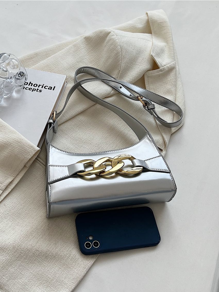 Metallic Chain Decor Baguette Bag