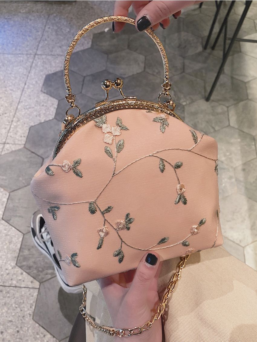 Mini Floral Embroidered Kiss Lock Chain Satchel Bag
