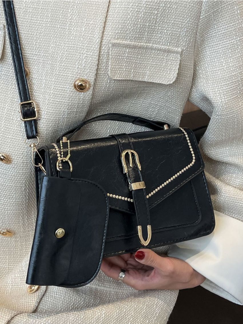 Embroidery Detail Flap Square Bag With Coin Purse