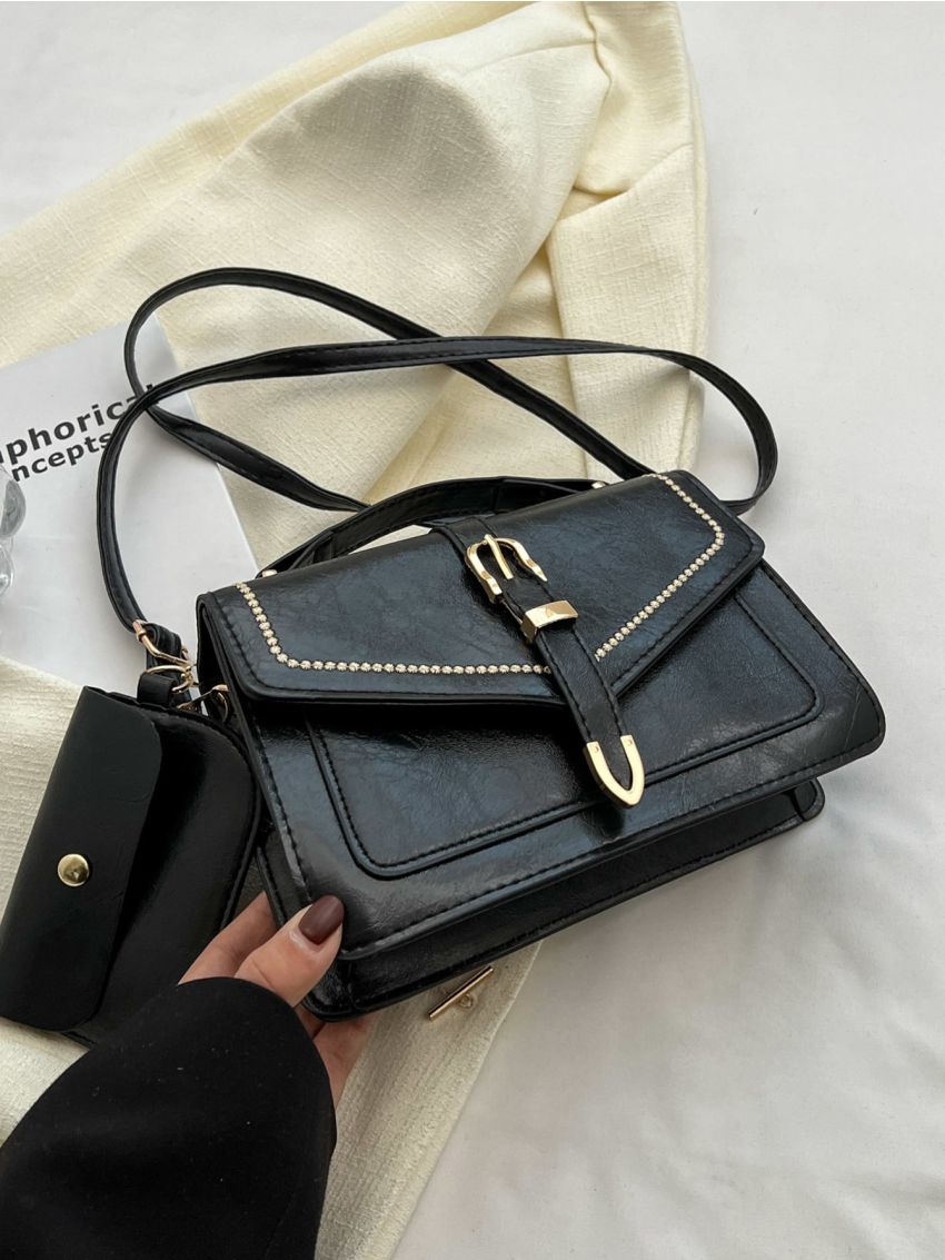 Embroidery Detail Flap Square Bag With Coin Purse