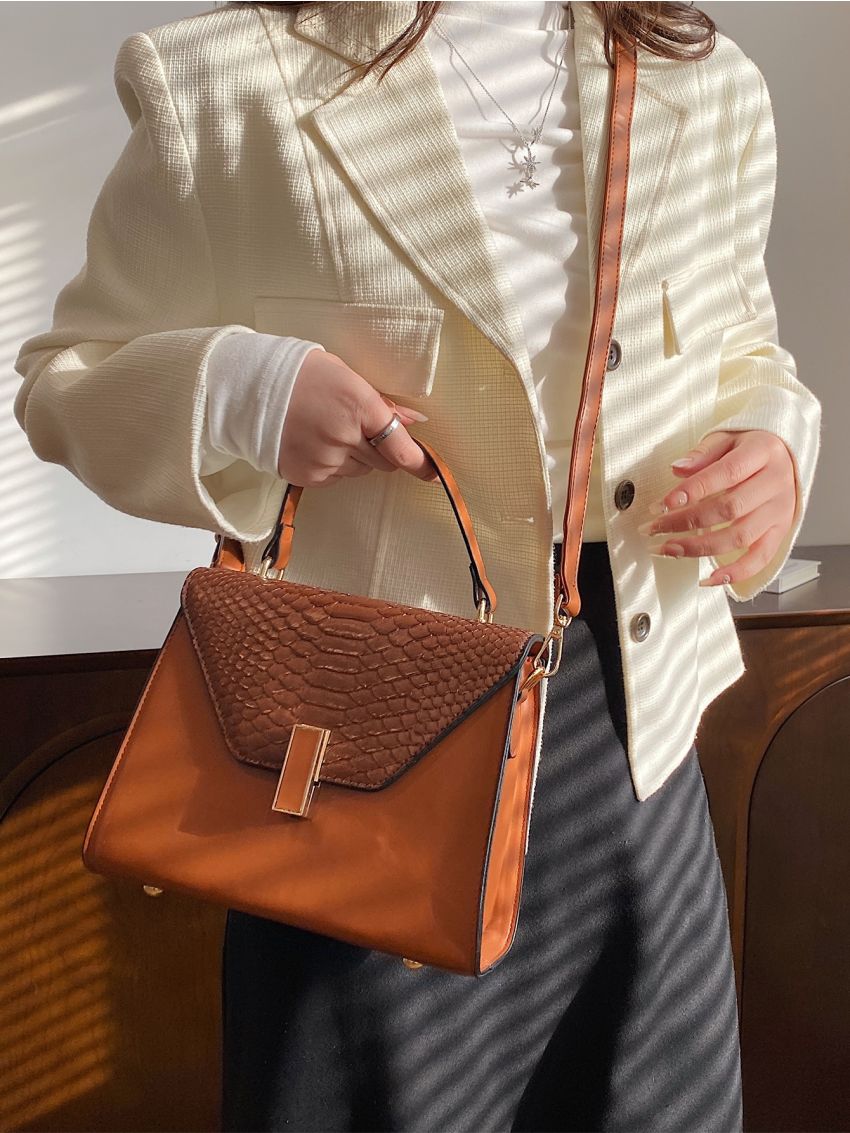 Snakeskin Embossed Flap Square Bag