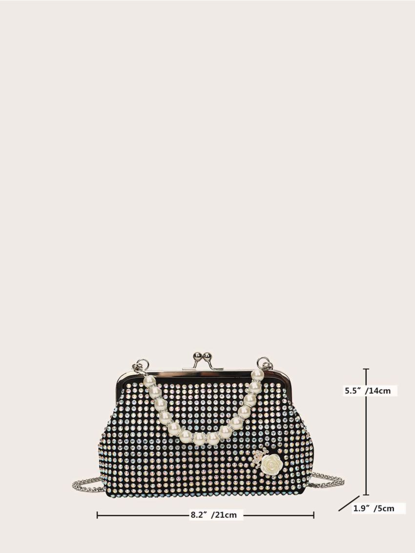 Rhinestone & Faux Pearl Decor Kiss Lock Chain Dome Bag