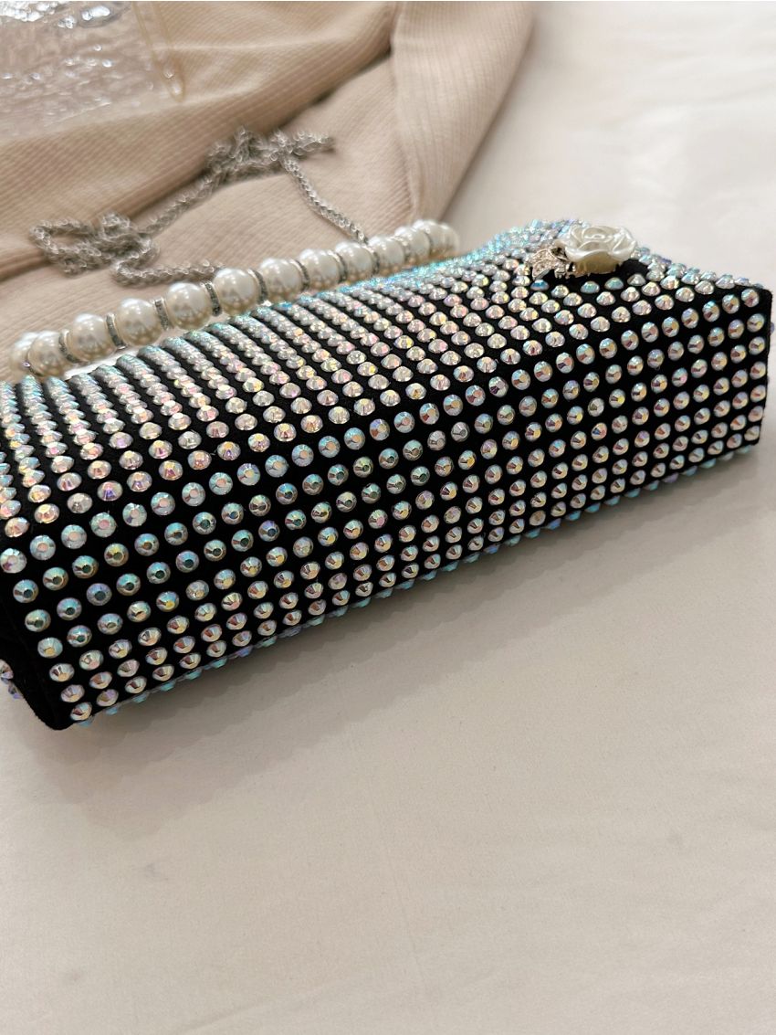 Rhinestone & Faux Pearl Decor Kiss Lock Chain Dome Bag