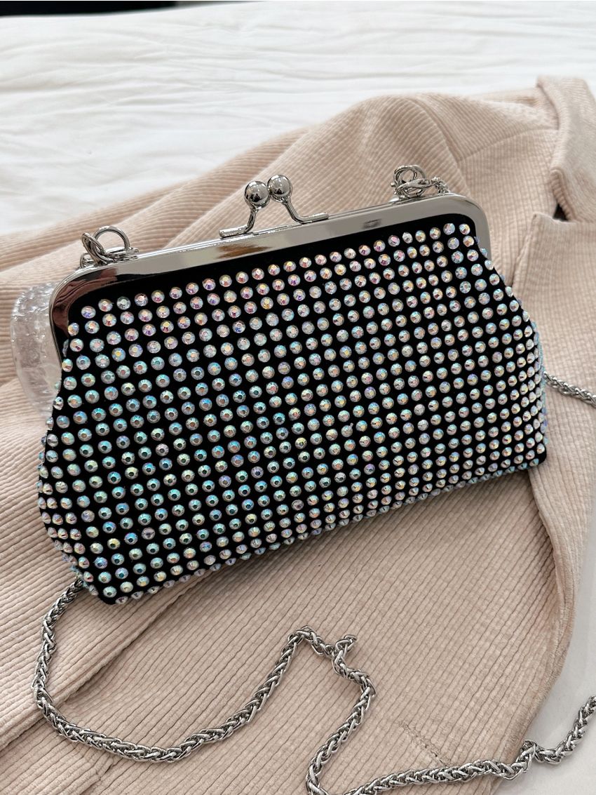 Rhinestone & Faux Pearl Decor Kiss Lock Chain Dome Bag