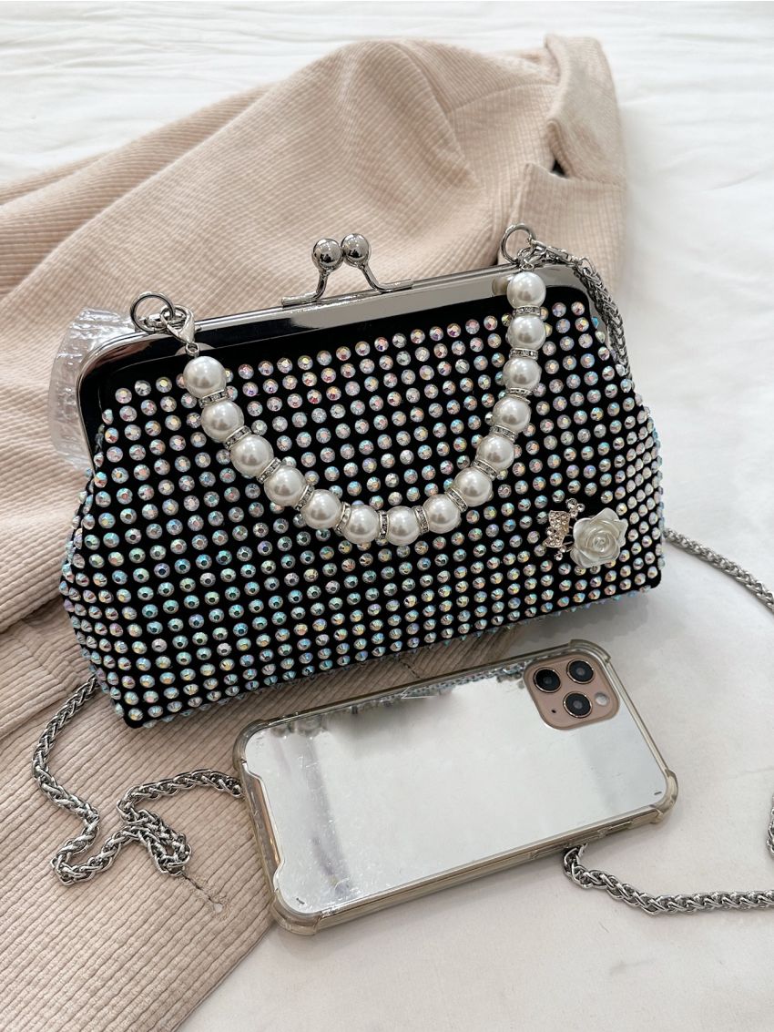 Rhinestone & Faux Pearl Decor Kiss Lock Chain Dome Bag