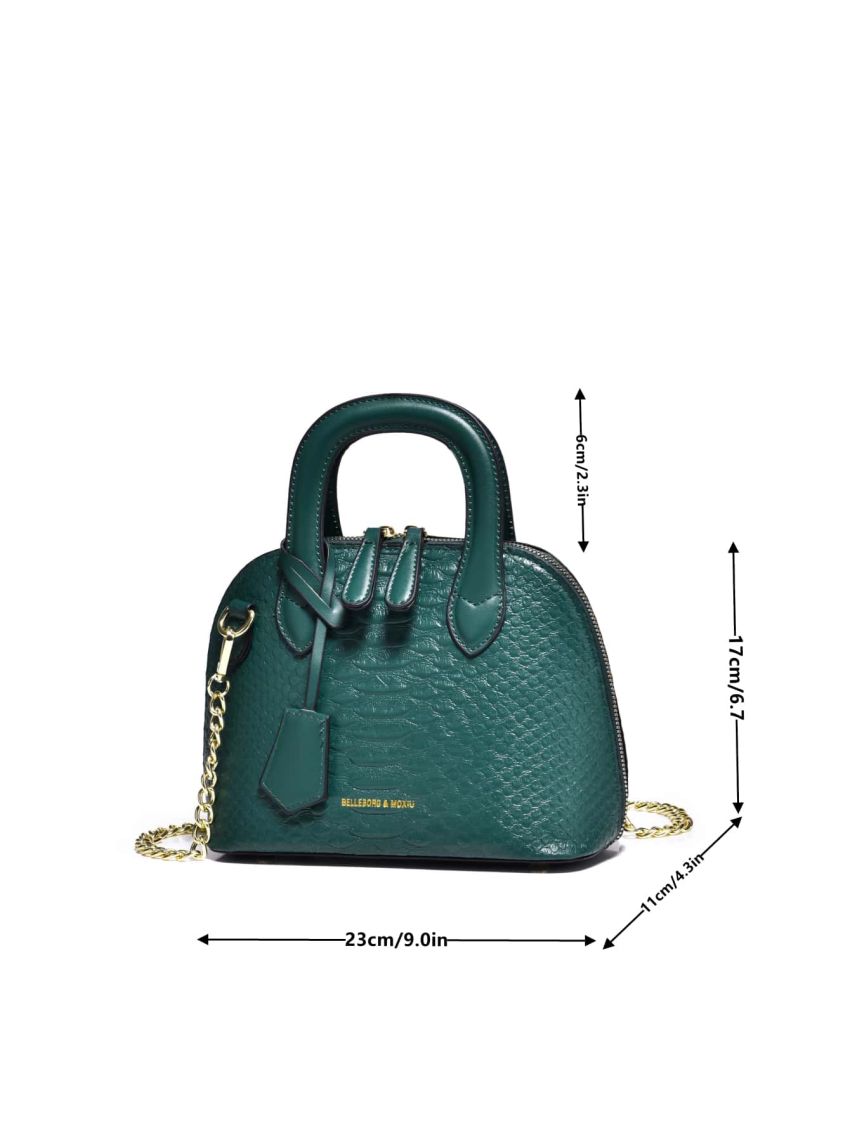 Snakeskin Embossed Letter Detail Chain Dome Bag
