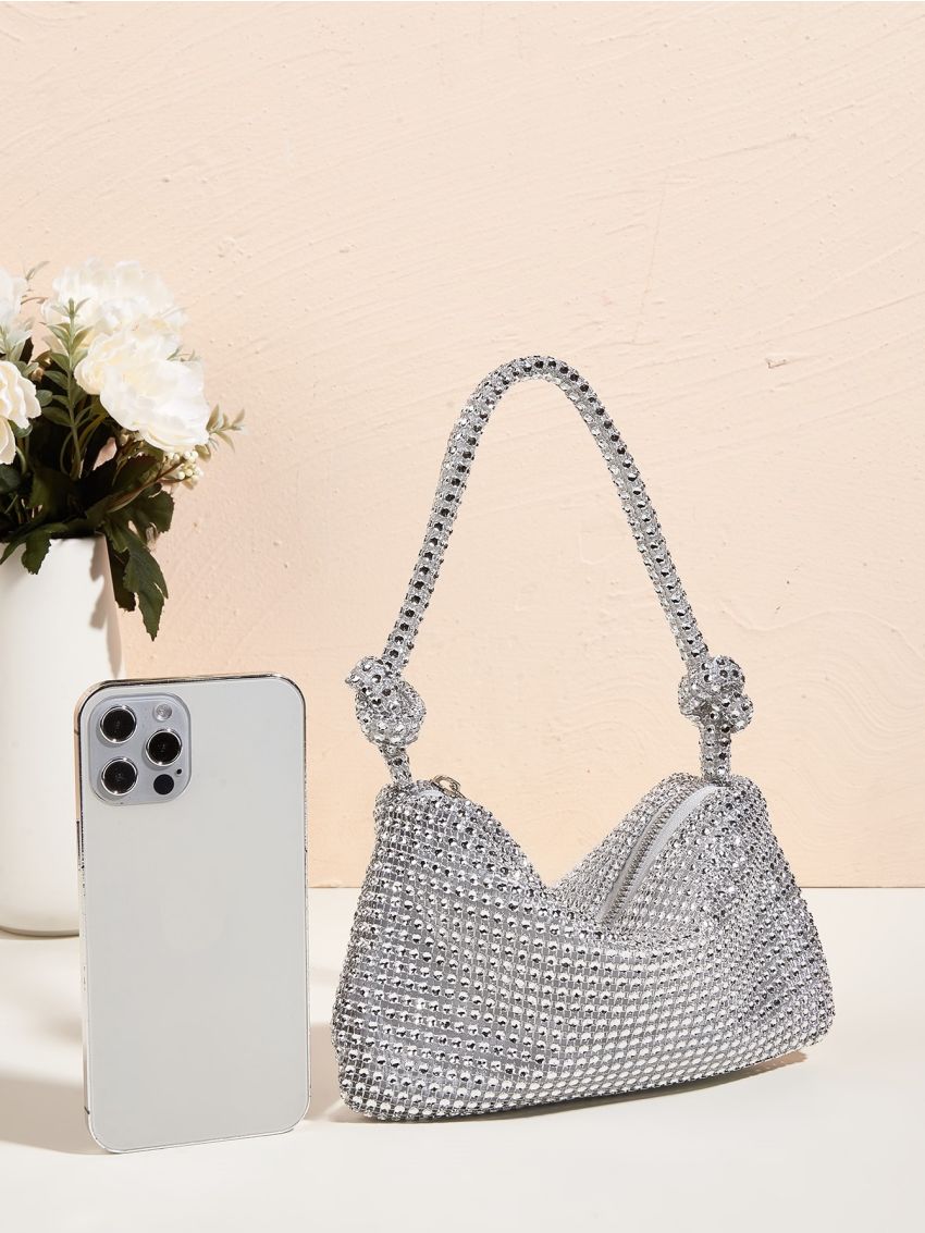 Rhinestone & Knot Decor Hobo Bag , Women's Glitter Clutch Purse, Elegant Handbag For Wedding Prom Party