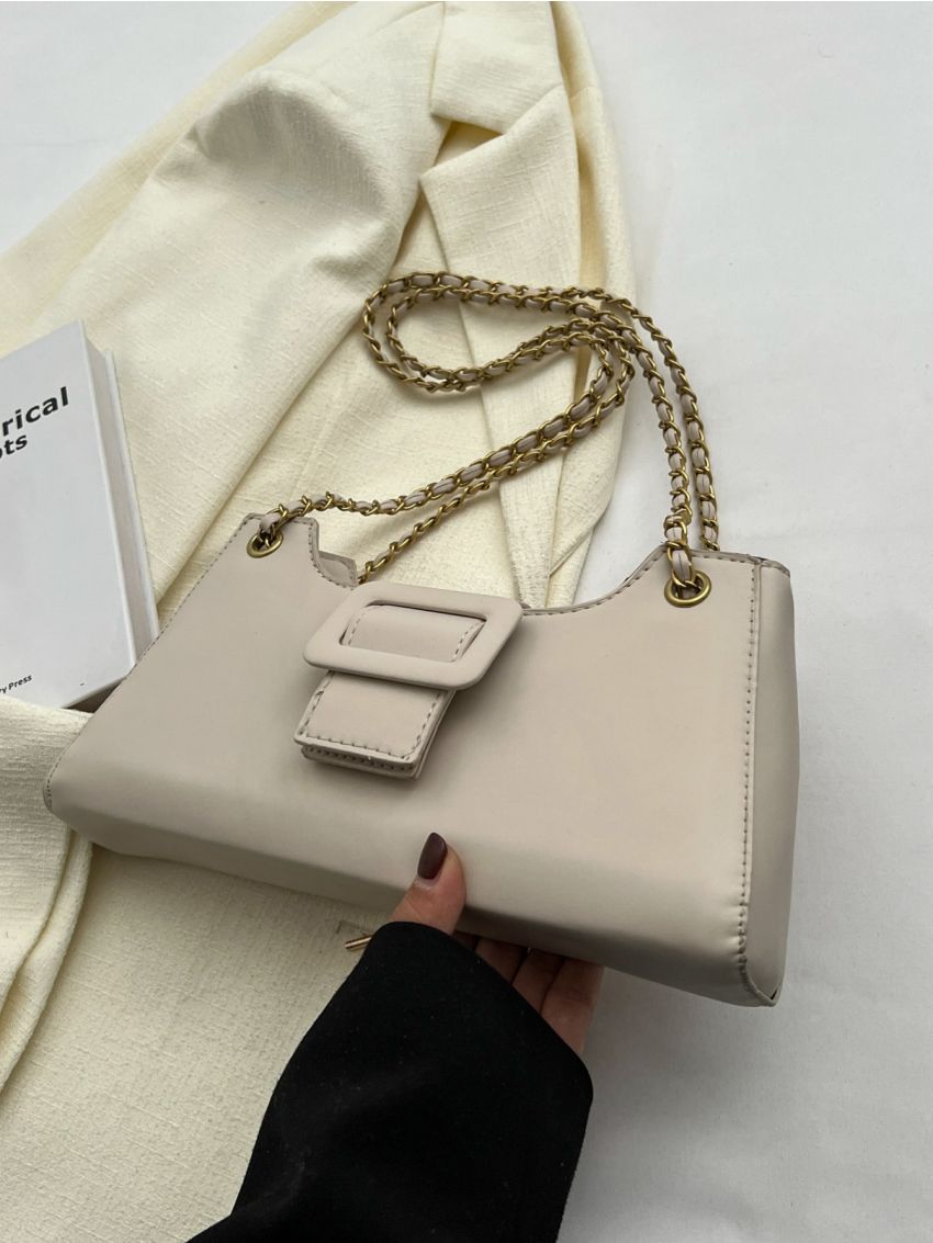 Buckle Decor Chain Baguette Bag