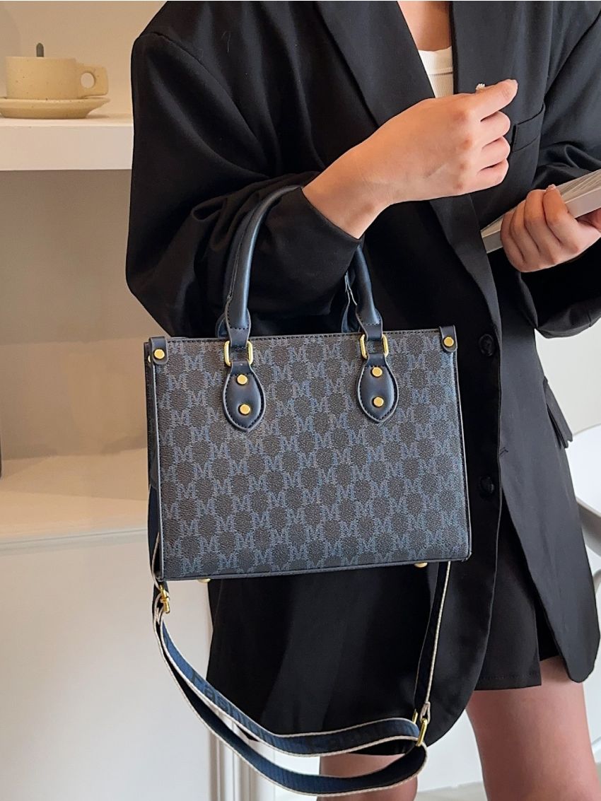 Letter Graphic Studded Decor Square Bag