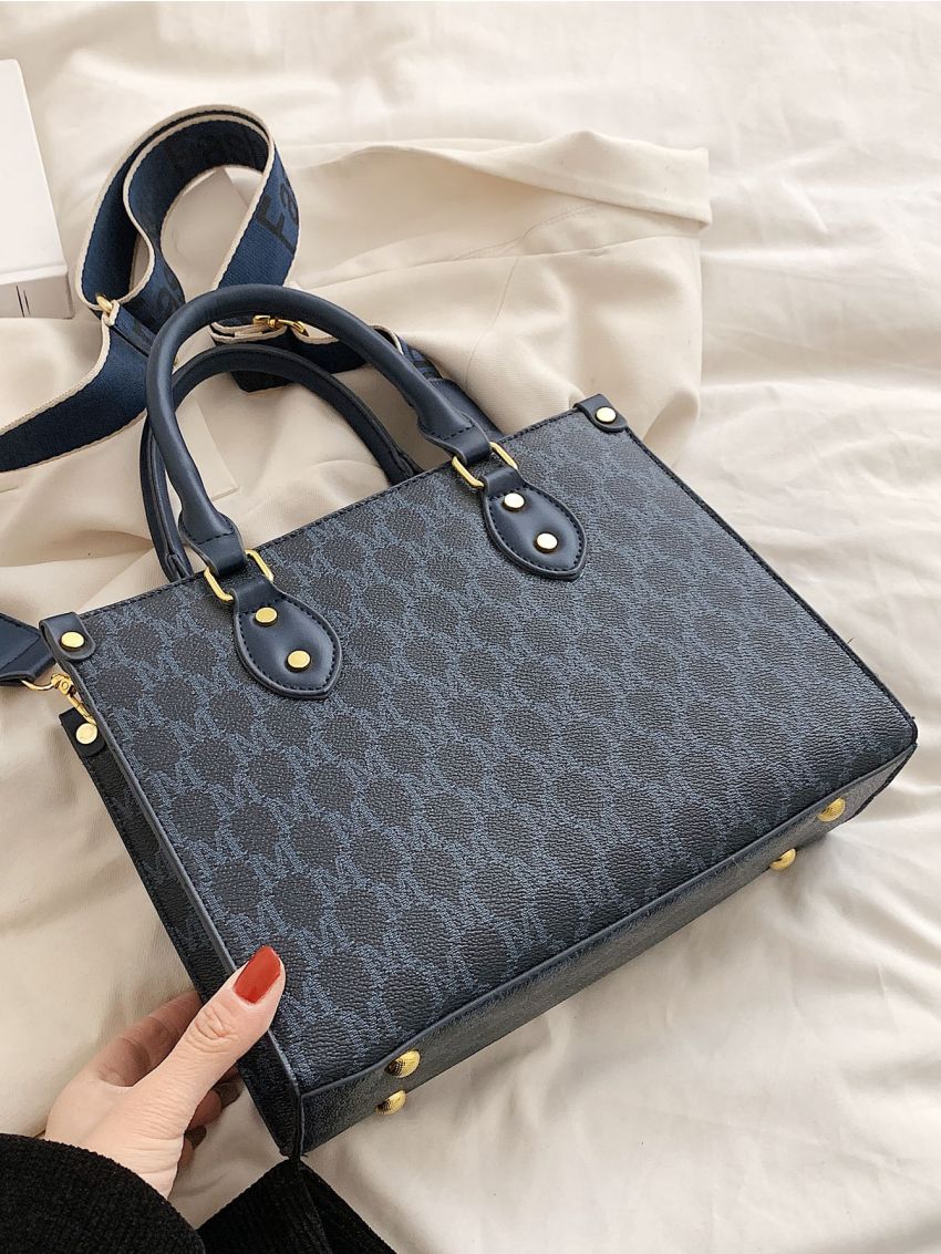 Letter Graphic Studded Decor Square Bag