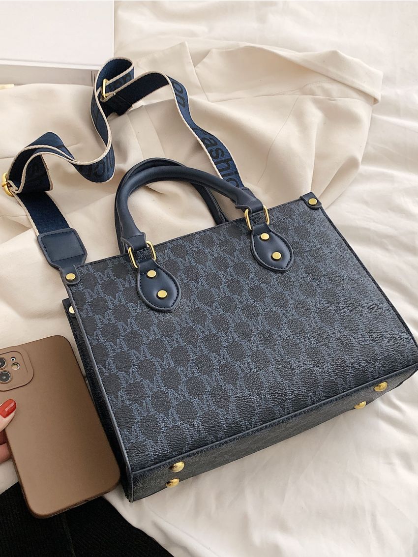 Letter Graphic Studded Decor Square Bag