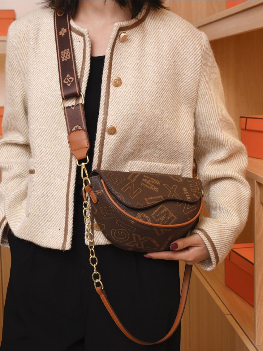 Letter Graphic Chain Flap Saddle Bag