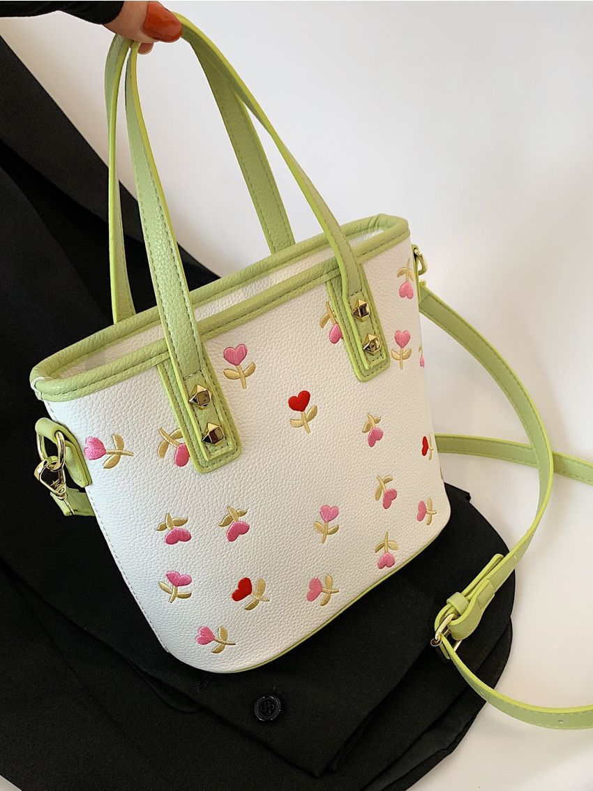 Floral Embroidered Contrast Binding Bucket Bag