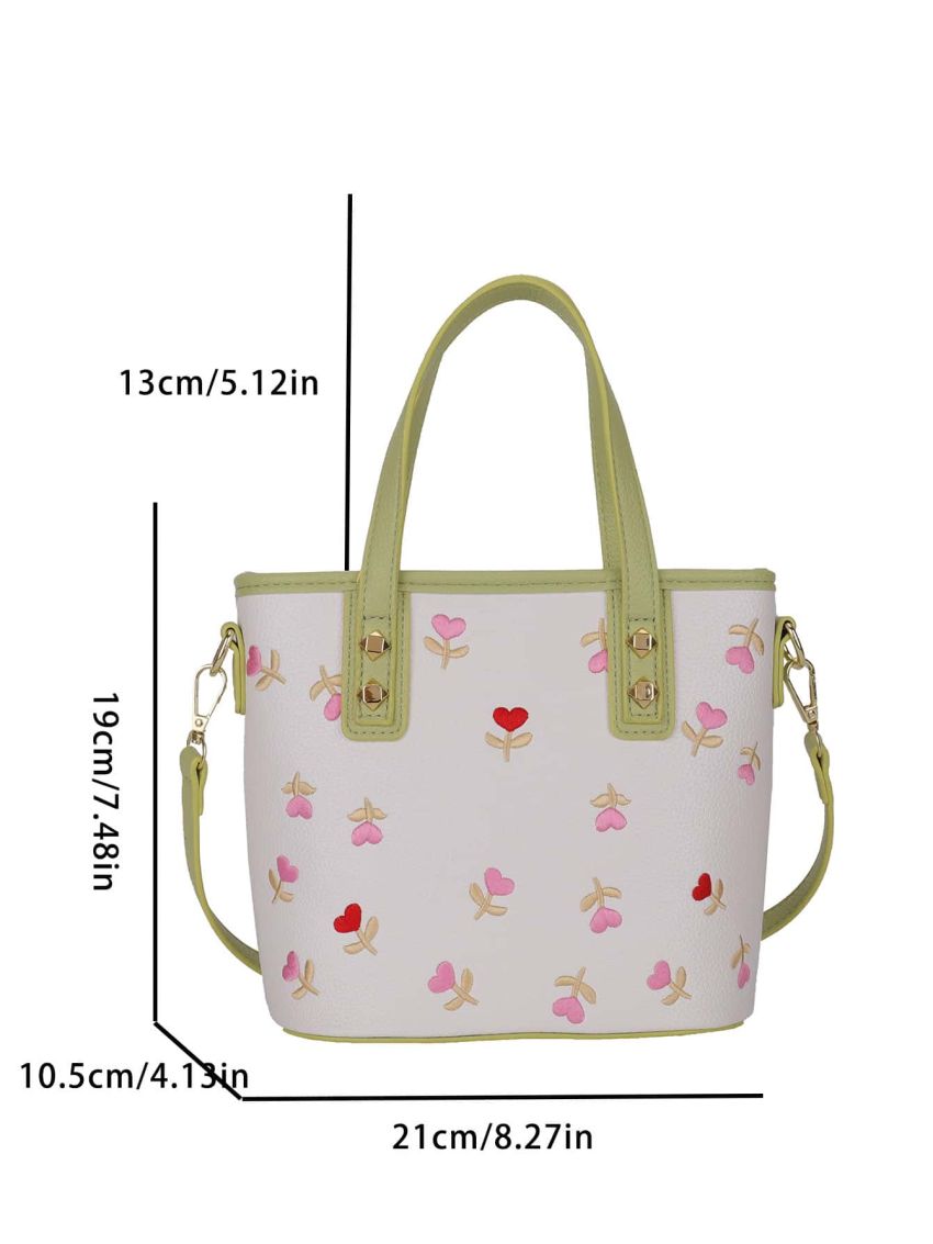 Floral Embroidered Contrast Binding Bucket Bag