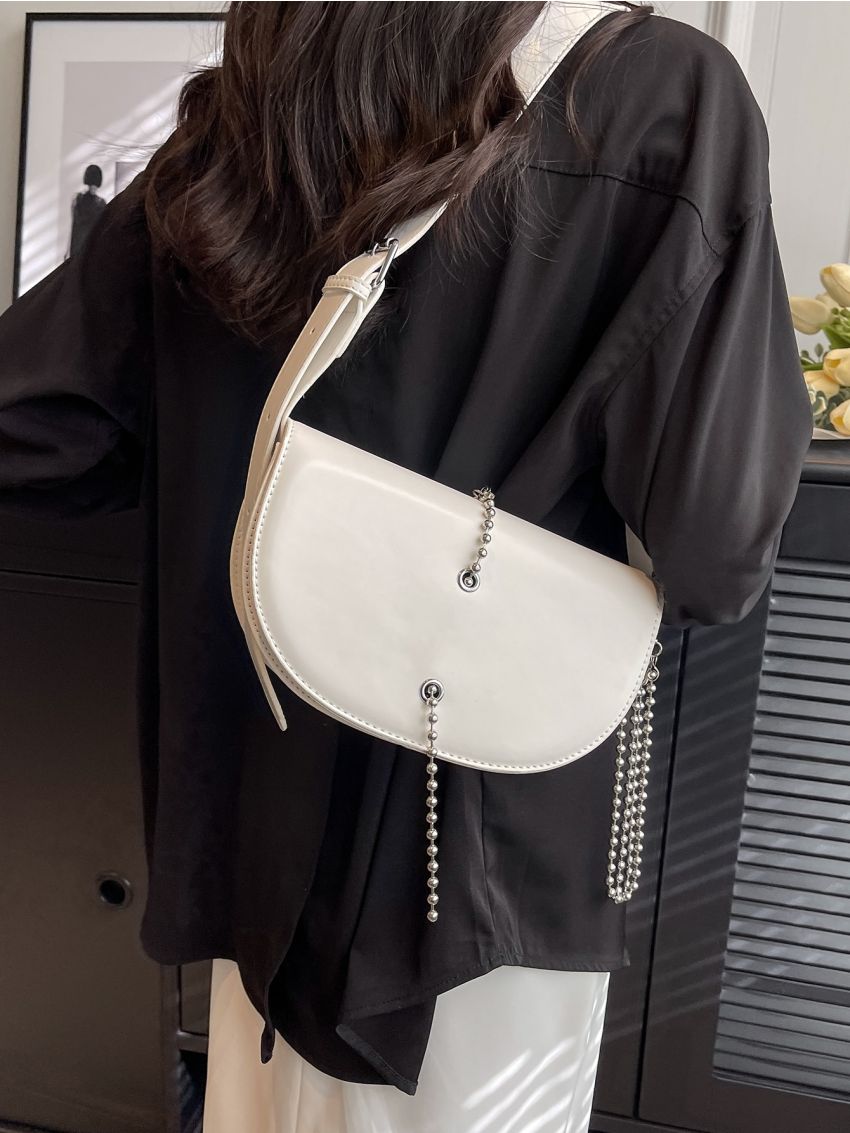 Chain Decor Flap Saddle Bag