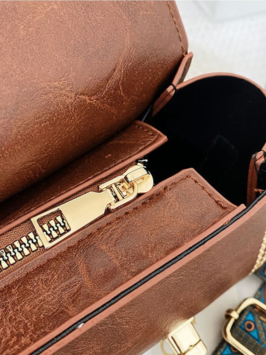 Embroidered Detail Flap Satchel Bag With Bag Charm