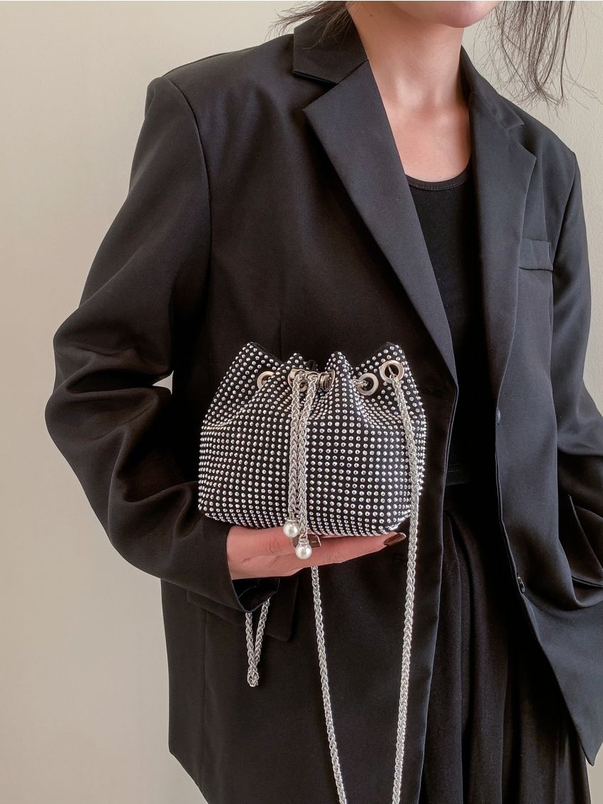 Mini Rhinestone & Faux Pearl Decor Drawstring Design Chain Glitter Bucket Bag