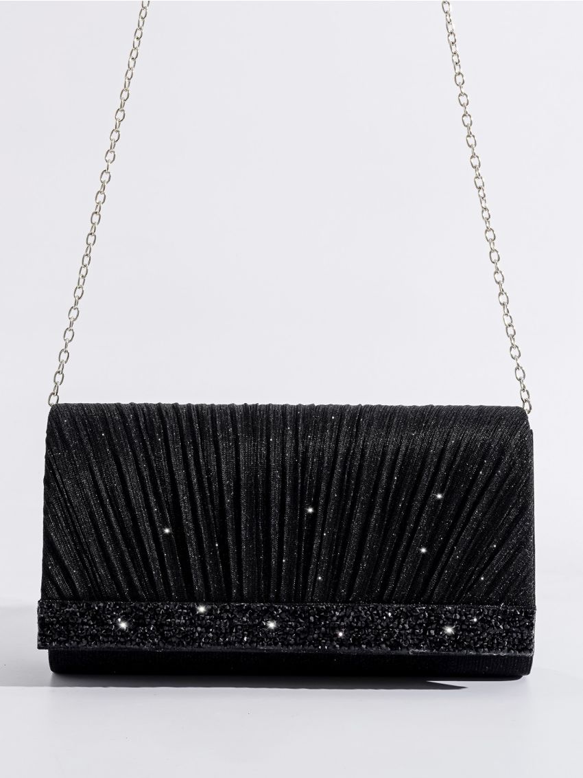 Glitter Ruched Detail Flap Square Bag