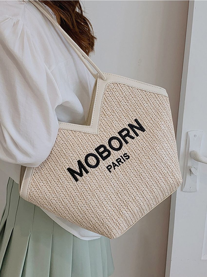 Contrast Binding Letter Embroidered Straw Bag