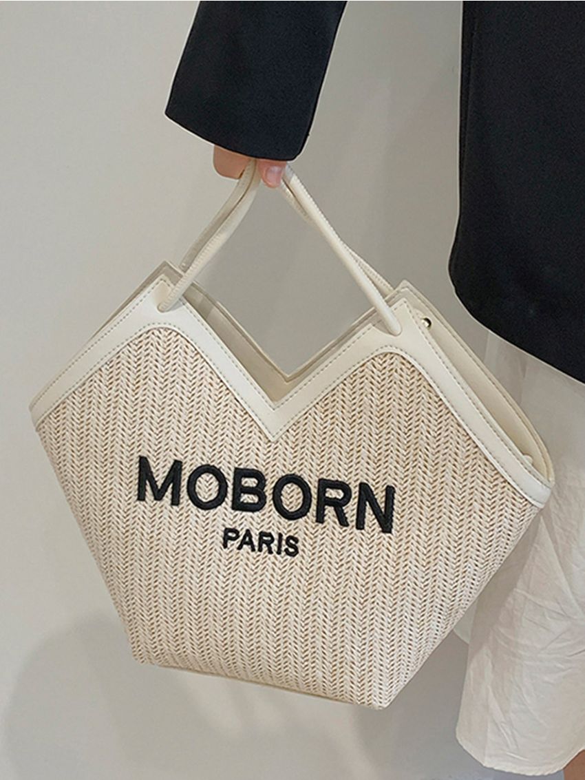 Contrast Binding Letter Embroidered Straw Bag