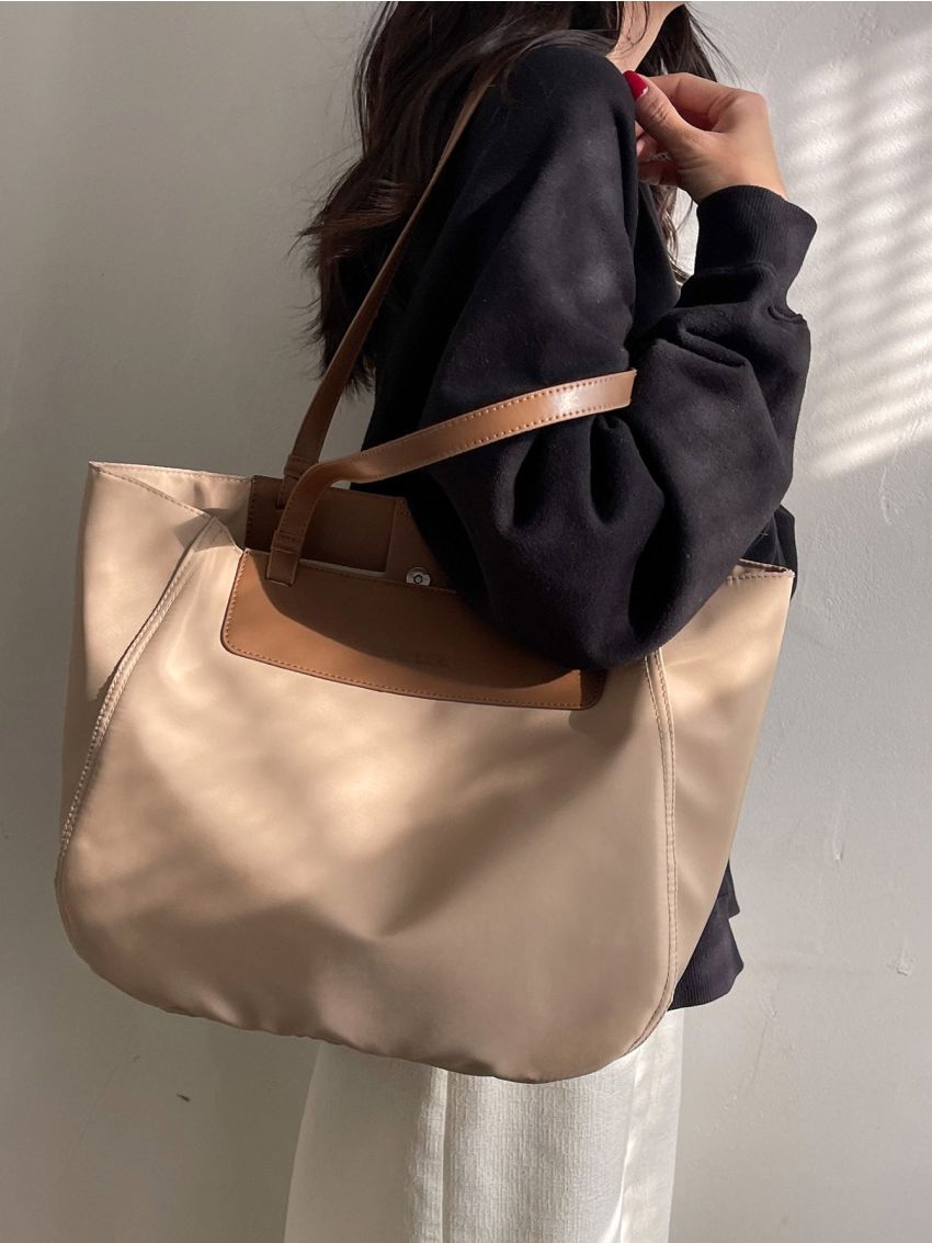 Colorblock Letter Embossed Shoulder Tote Bag