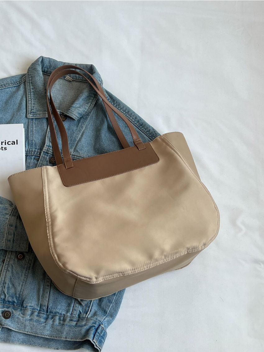 Colorblock Letter Embossed Shoulder Tote Bag