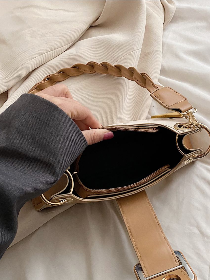 Geometric Embossed Buckle Decor Baguette Bag