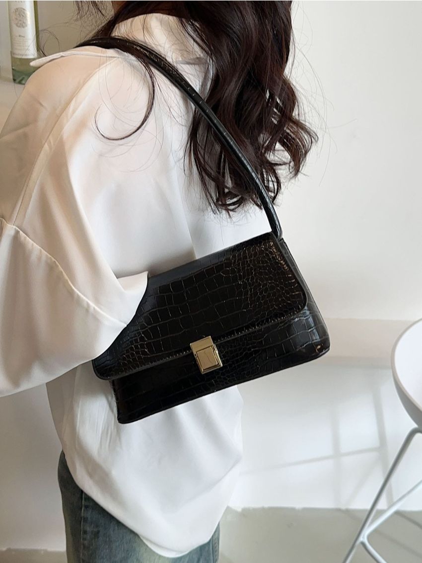 Crocodile Embossed Flap Baguette Bag