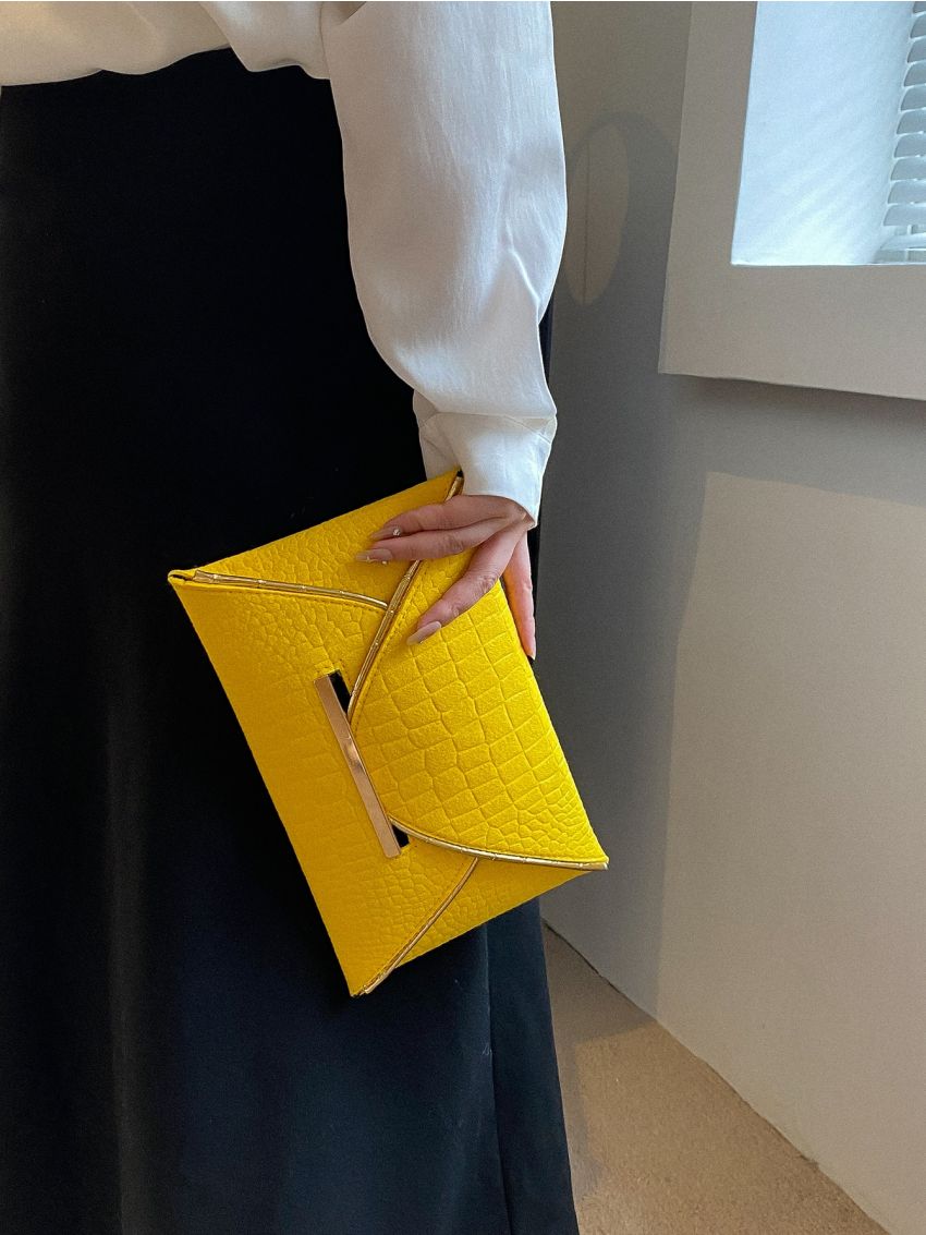 Neon Yellow Crocodile Embossed Metal Decor Flap Envelope Bag