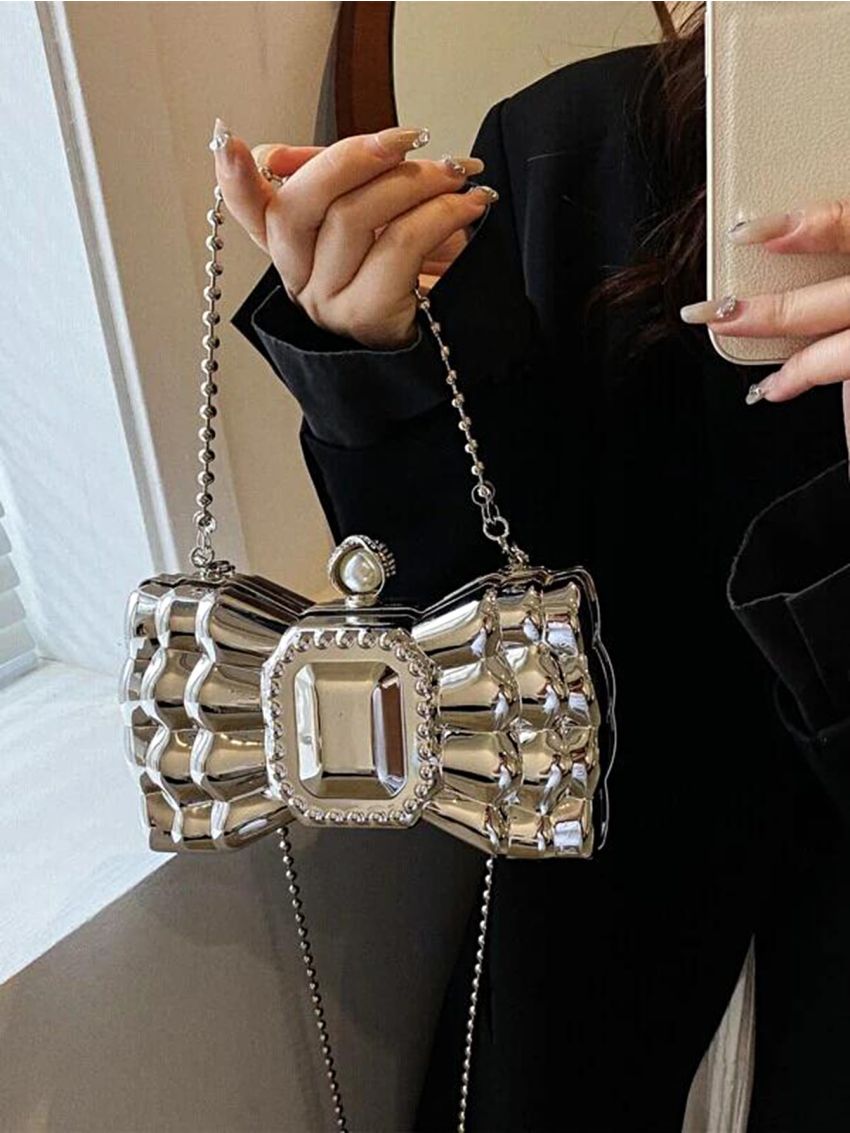 Mini Faux Pearl & Rhinestone Decor Bow Design Chain Box Bag, Clear Bag