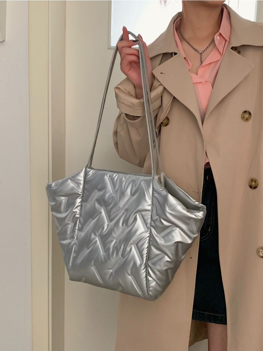 Metallic Quilted Shoulder Tote Bag