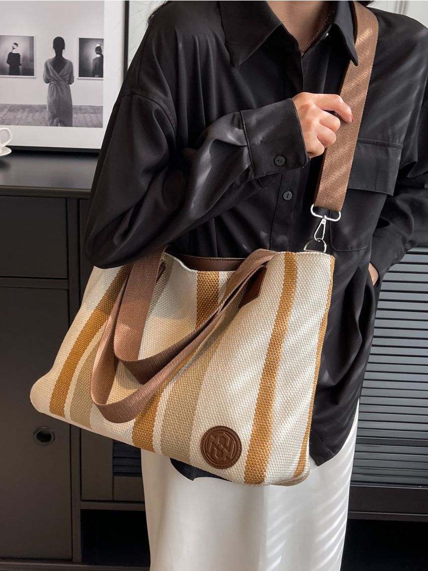 Striped Pattern Letter Patch Decor Shoulder Tote Bag