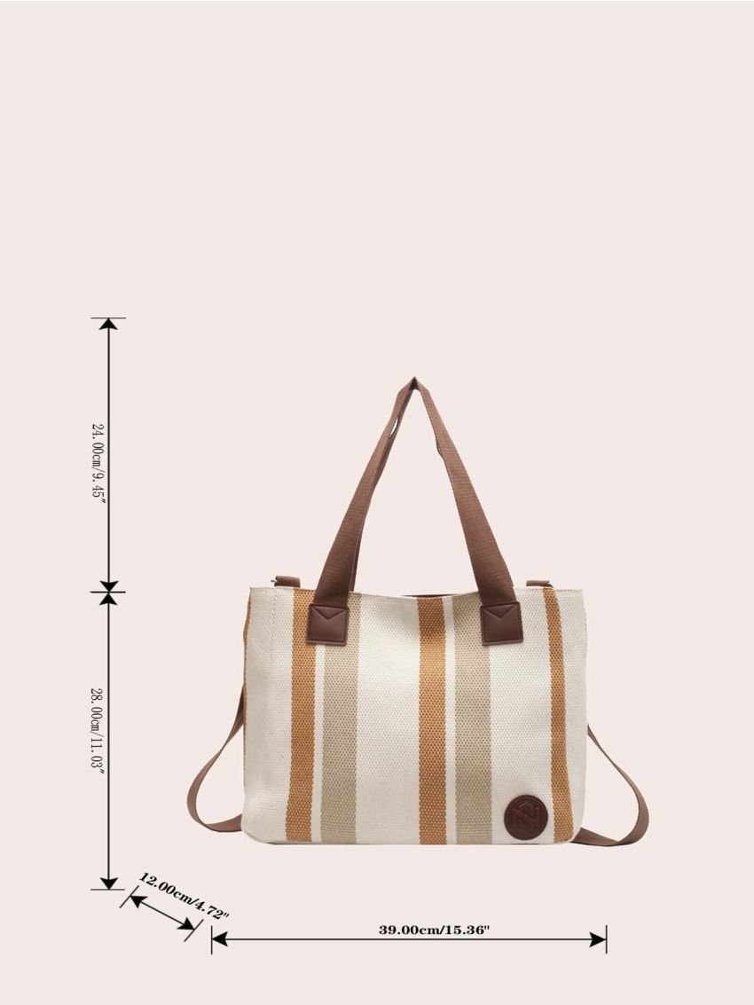 Striped Pattern Letter Patch Decor Shoulder Tote Bag