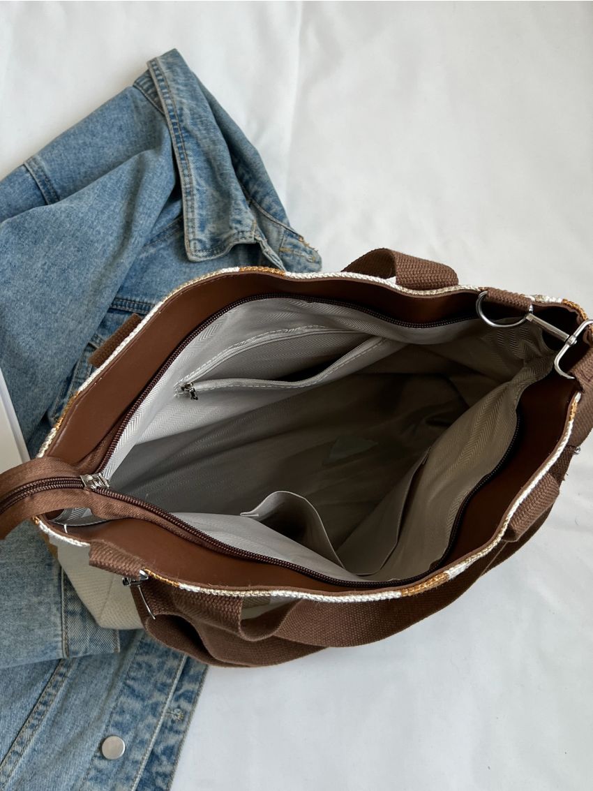 Striped Pattern Letter Patch Decor Shoulder Tote Bag