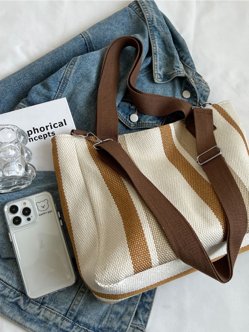 Striped Pattern Letter Patch Decor Shoulder Tote Bag