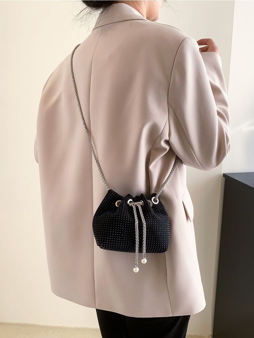 Rhinestone & Faux Pearl Decor Chain Bucket Bag