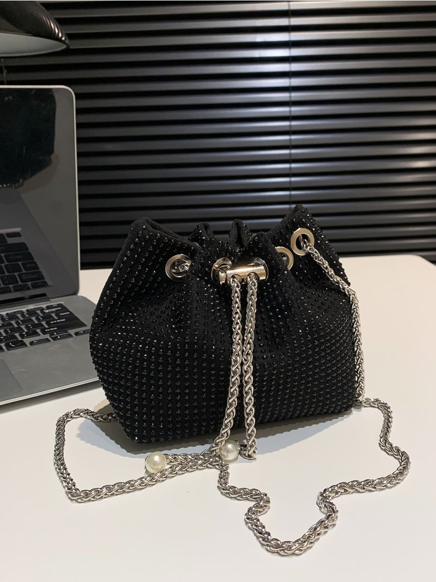 Rhinestone & Faux Pearl Decor Chain Bucket Bag