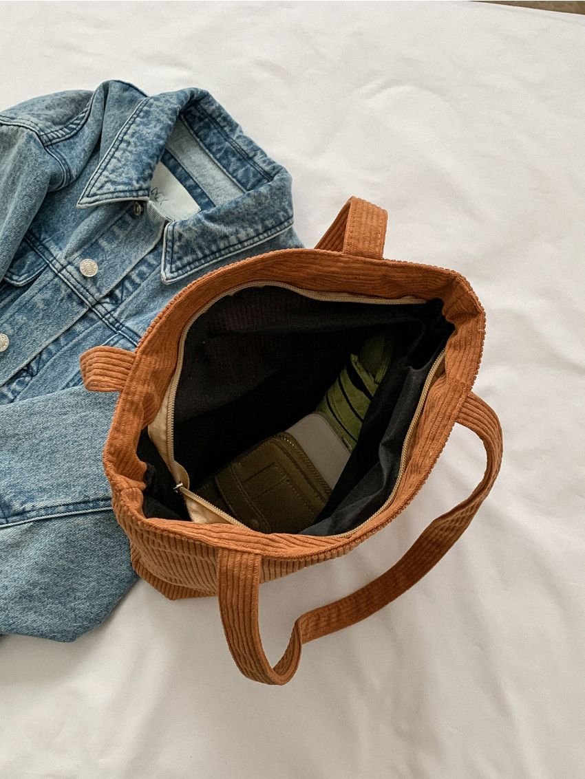 Letter Patch Decor Corduroy Shopper Bag