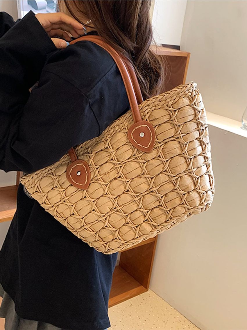 Studded Decor Straw Bag