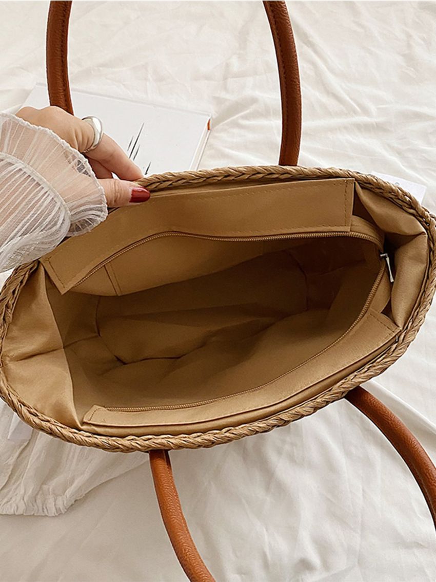 Studded Decor Straw Bag