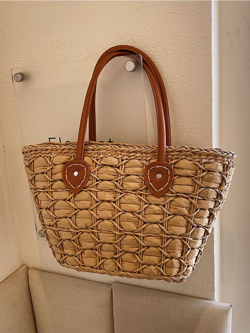 Studded Decor Straw Bag