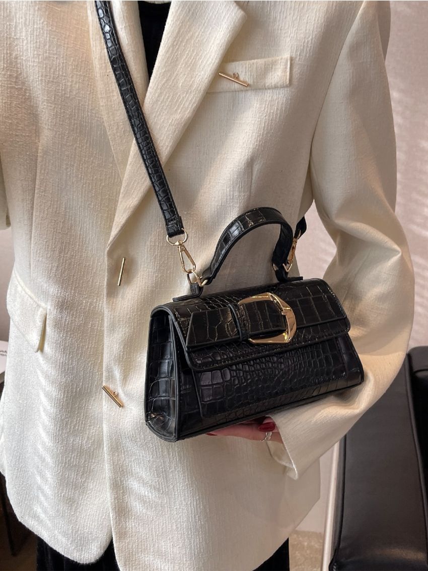 Crocodile Embossed Buckle Decor Flap Square Bag