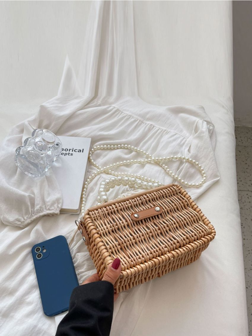 Faux Pearl Beaded Studded Decor Square Bag