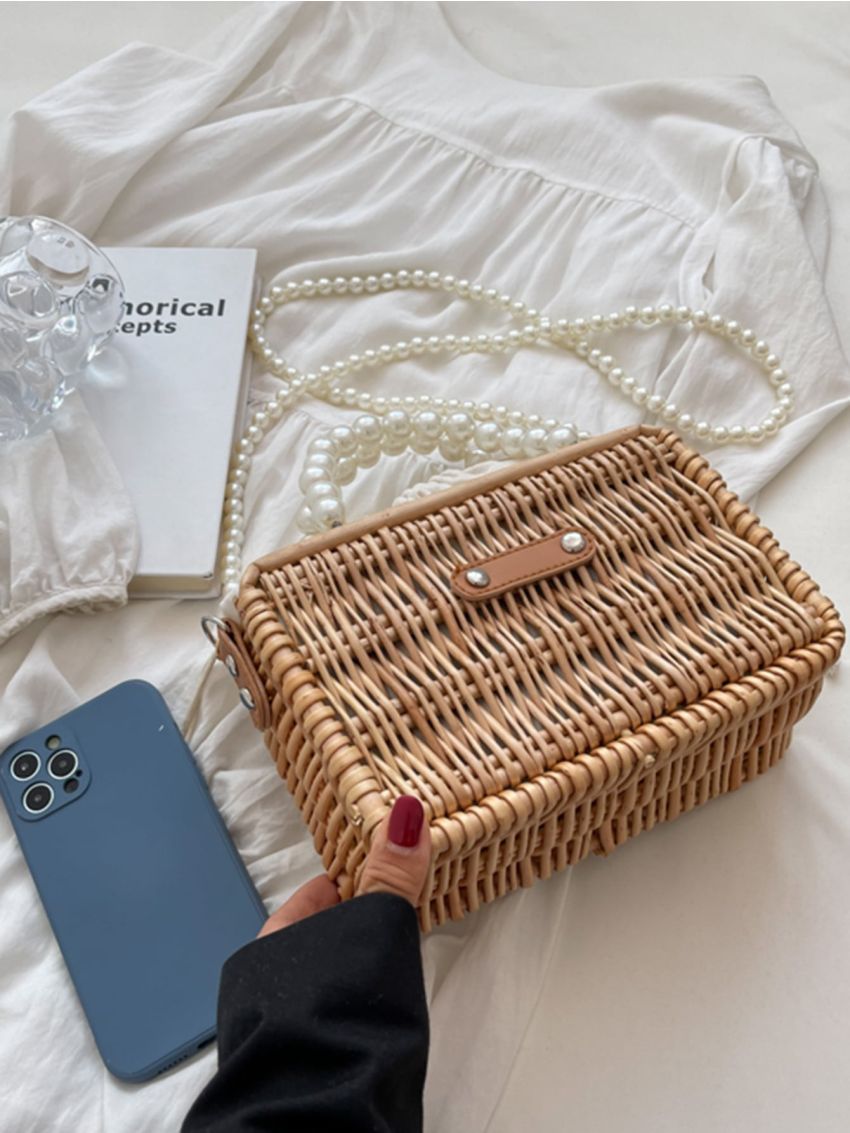 Faux Pearl Beaded Drawstring Design Box Bag