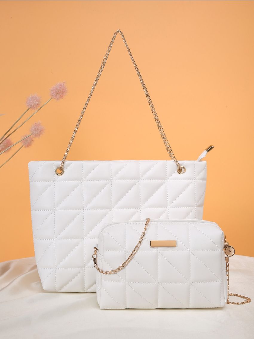 Quilted Detail Chain Shoulder Tote Bag With Square Bag