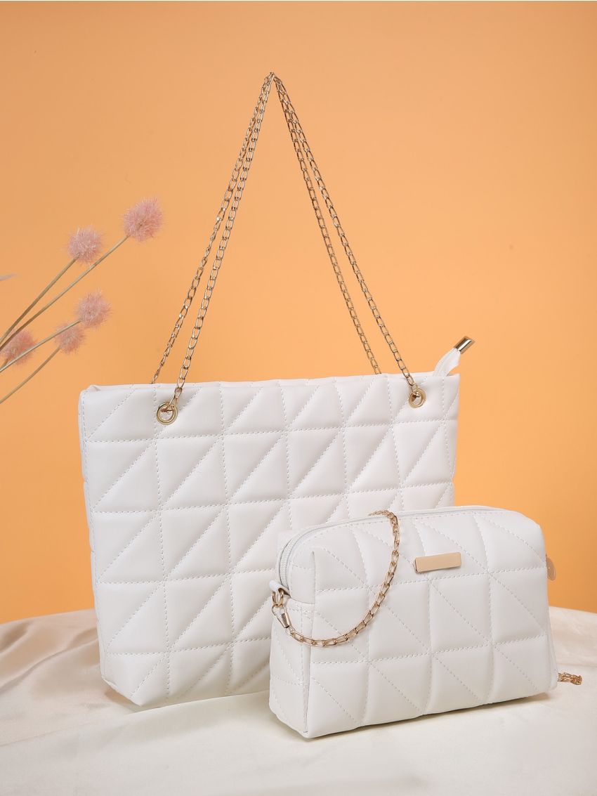 Quilted Detail Chain Shoulder Tote Bag With Square Bag