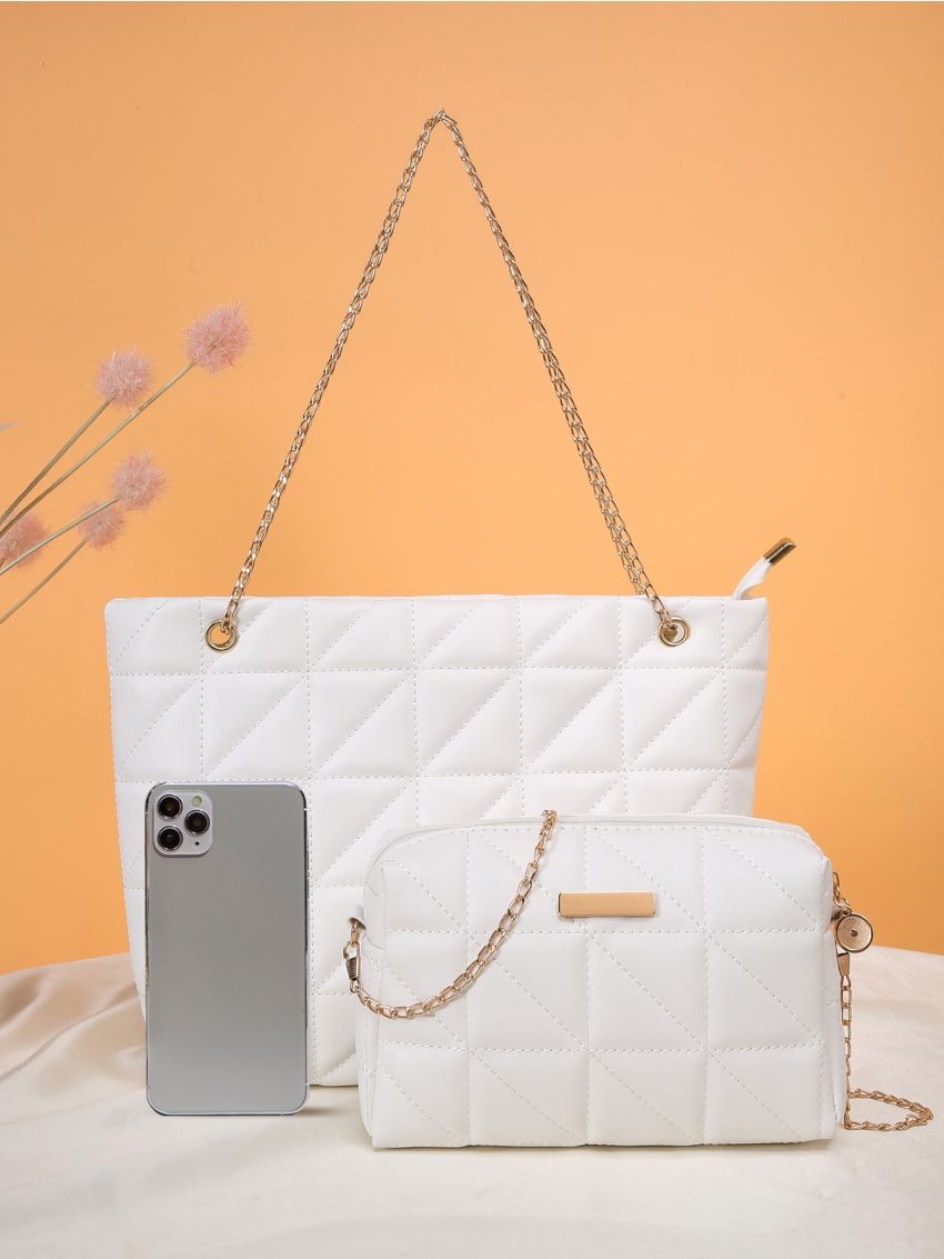 Quilted Detail Chain Shoulder Tote Bag With Square Bag