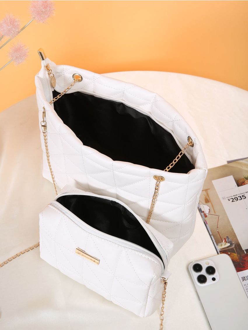 Quilted Detail Chain Shoulder Tote Bag With Square Bag