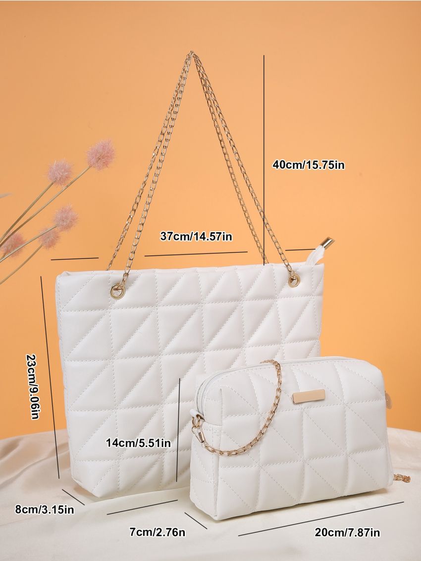 Quilted Detail Chain Shoulder Tote Bag With Square Bag