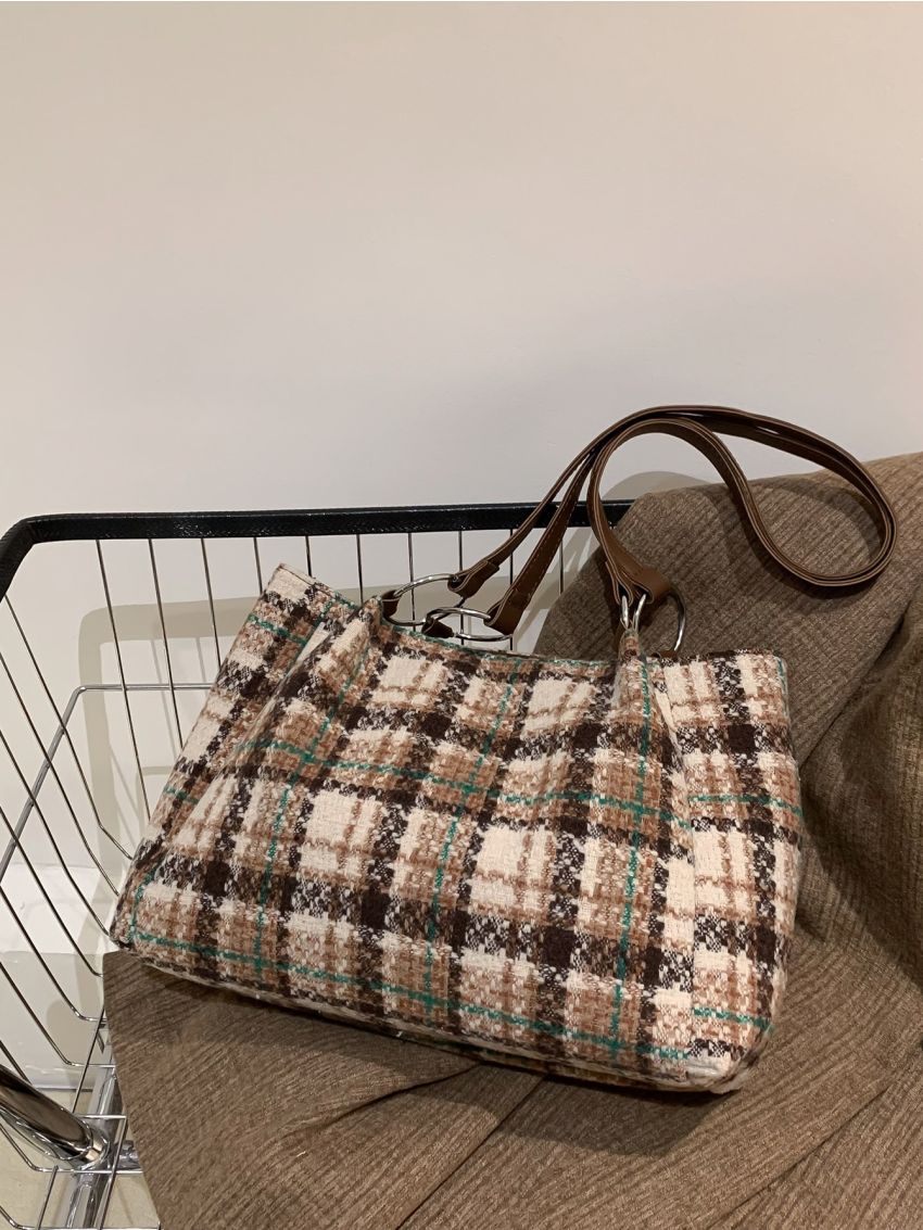 Plaid Pattern Shoulder Tote Bag